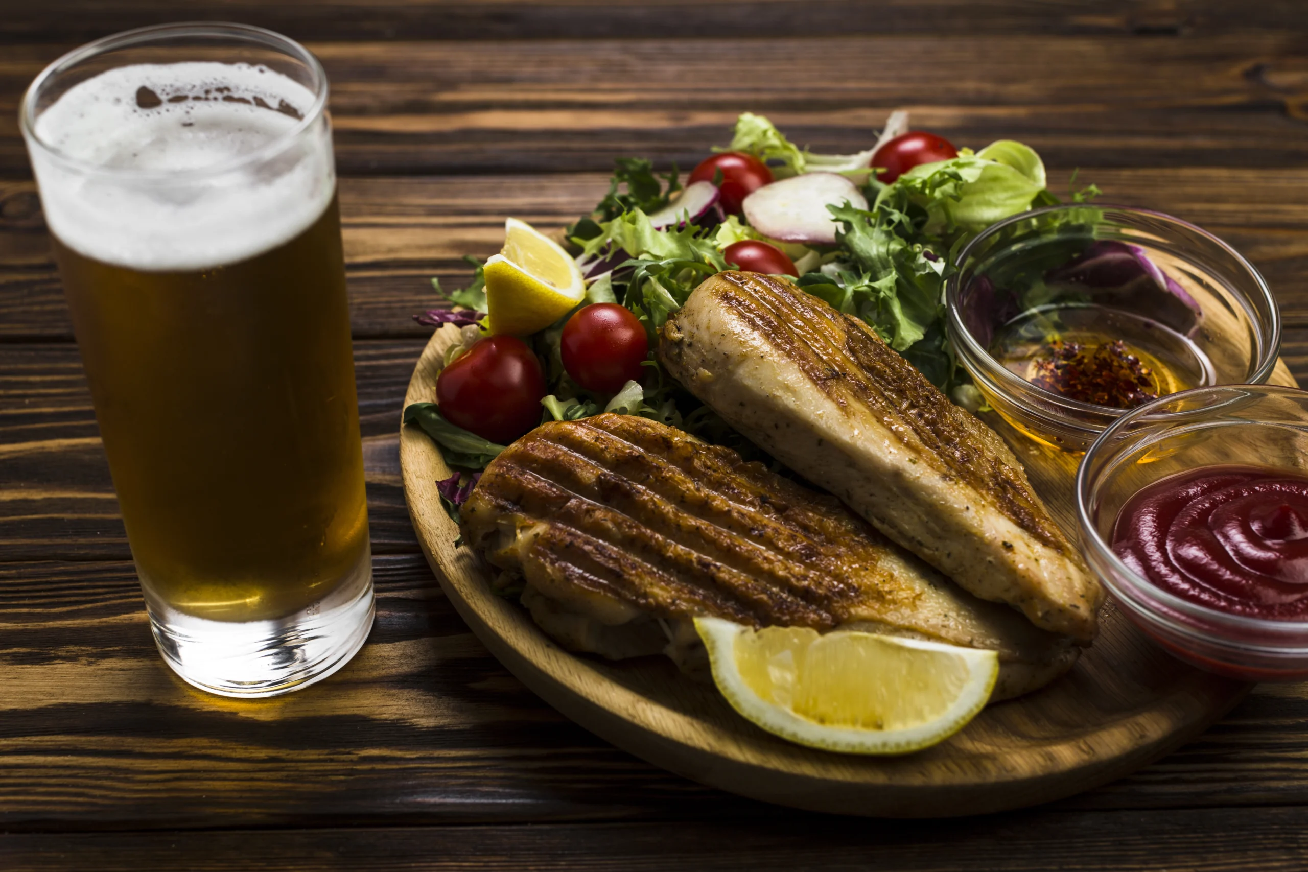 beer-sauce-near-chicken-salad