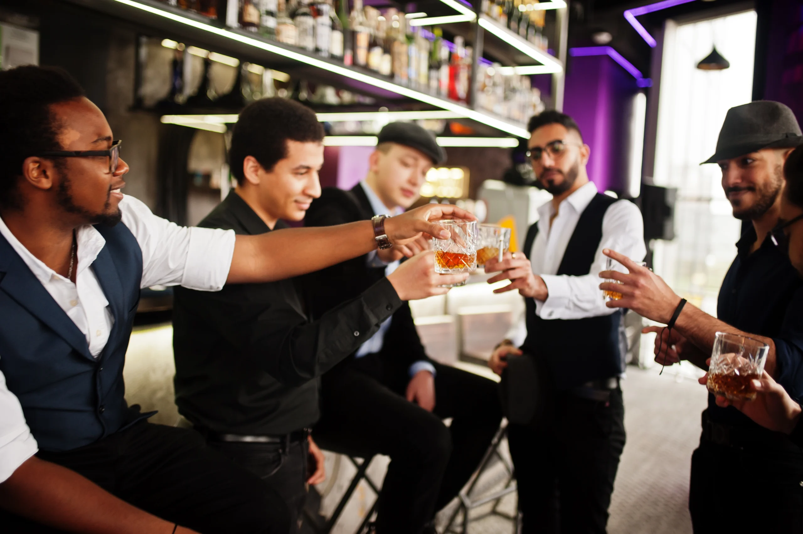 cheers-group-handsome-retro-welldressed-man-gangsters-spend-time-club-drinking-whiskey-bar-counter-multiethnic-male-bachelor-mafia-party-restaurant